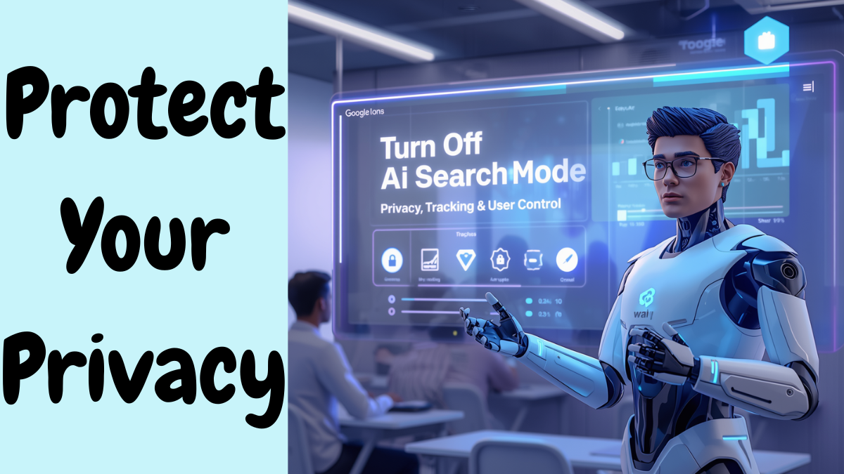 Laptop screen showing Turn Off Google AI Mode with privacy and search control concept